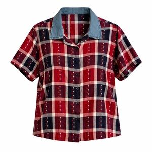 Lemon Grass Woman 2X Plaid Button Up Shirt Denim Collar Red Blue Star Print